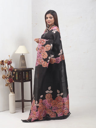 Black Bishnupur Katan Silk Saree with Hand Batik depicting a Rose Garden