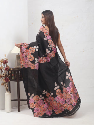 Black Bishnupur Katan Silk Saree with Hand Batik depicting a Rose Garden