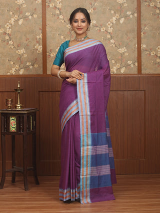 Purple Poona Cotton Saree with Powder Blue Border