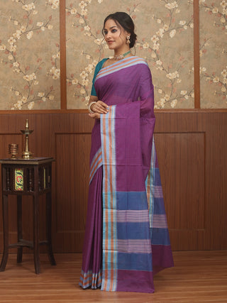 Purple Poona Cotton Saree with Powder Blue Border