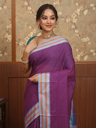 Purple Poona Cotton Saree with Powder Blue Border