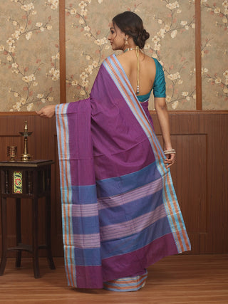 Purple Poona Cotton Saree with Powder Blue Border