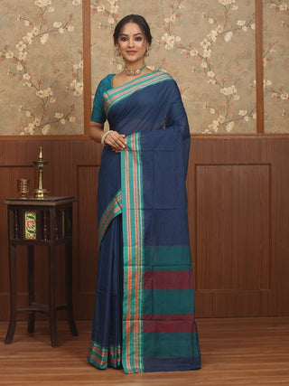 Navy Blue Poona Cotton Saree with Teal Green Border