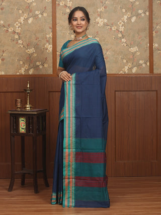 Navy Blue Poona Cotton Saree with Teal Green Border
