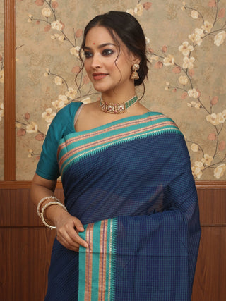 Navy Blue Poona Cotton Saree with Teal Green Border