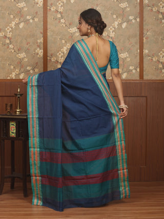 Navy Blue Poona Cotton Saree with Teal Green Border