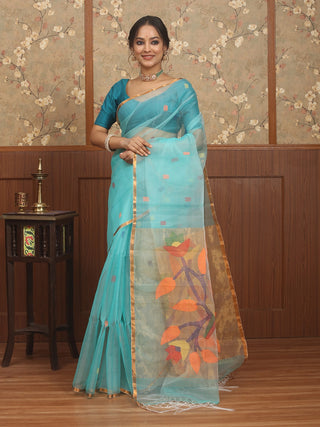 Aqua Blue Bengal Handloom Muslin Saree with Paithani-Inspired Bird and Floral Jamdani Weaves