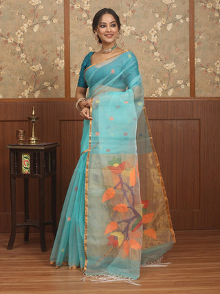 Aqua Blue Bengal Handloom Muslin Saree with Paithani-Inspired Bird and Floral Jamdani Weaves