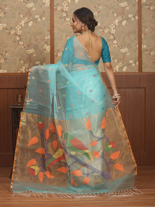 Aqua Blue Bengal Handloom Muslin Saree with Paithani-Inspired Bird and Floral Jamdani Weaves