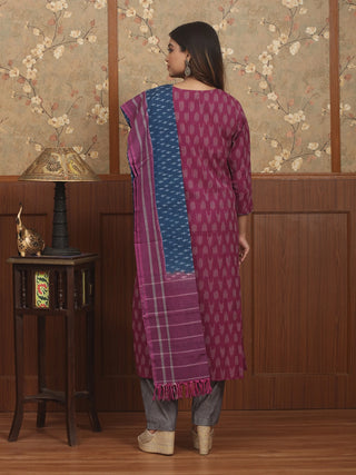 VEDIKA NOCTURNE – Regal Plum Double Ikkat Ensemble with Hand Kantha Atelier Yoke