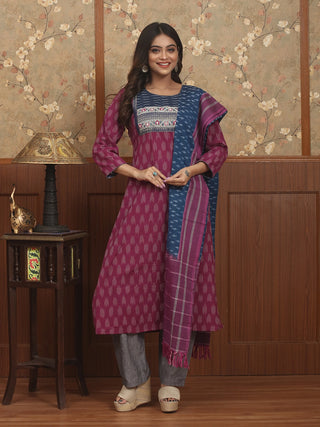 VEDIKA NOCTURNE – Regal Plum Double Ikkat Ensemble with Hand Kantha Atelier Yoke