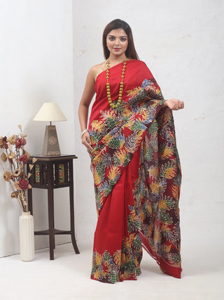 Crimson Red Multicolour Pure Bishnupur Katan Silk Saree with Hand Batik