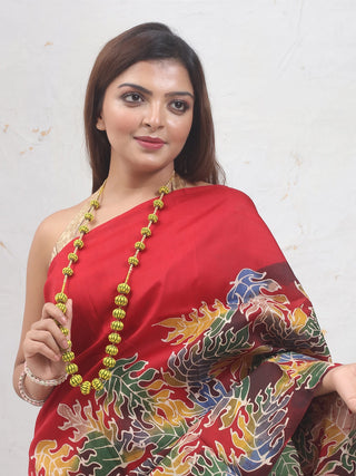 Crimson Red Multicolour Pure Bishnupur Katan Silk Saree with Hand Batik