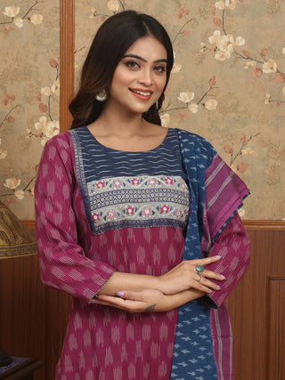 VEDIKA NOCTURNE – Regal Plum Double Ikkat Ensemble with Hand Kantha Atelier Yoke
