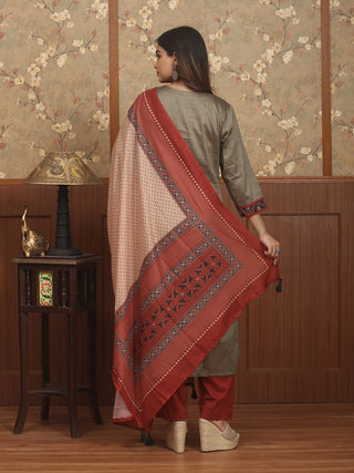 RUST RAAGA – Grey Jam Satin Designer Kurta Set with Ajrakh-Inspired Print, Kantha & Mirror Detailing