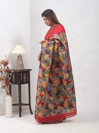 Crimson Red Multicolour Pure Bishnupur Katan Silk Saree with Hand Batik