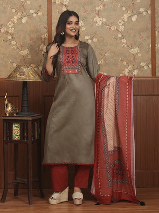 RUST RAAGA – Grey Jam Satin Designer Kurta Set with Ajrakh-Inspired Print, Kantha & Mirror Detailing