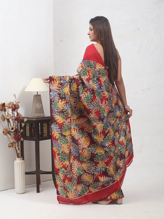 Crimson Red Multicolour Pure Bishnupur Katan Silk Saree with Hand Batik