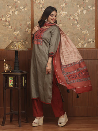 RUST RAAGA – Grey Jam Satin Designer Kurta Set with Ajrakh-Inspired Print, Kantha & Mirror Detailing