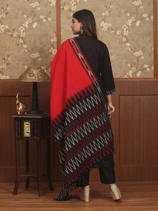 NOIR MATSYA – Midnight Black Double Ikkat Set with Madhubani Fish Panel