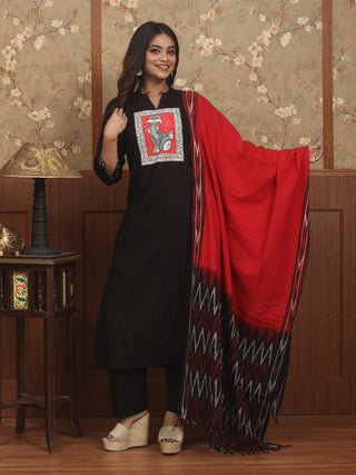 NOIR MATSYA – Midnight Black Double Ikkat Set with Madhubani Fish Panel