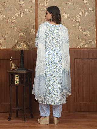 Neel Pushpa-Blue Blossom Sanganeri Cotton Kurta Pant Set with Chiffon Dupatta