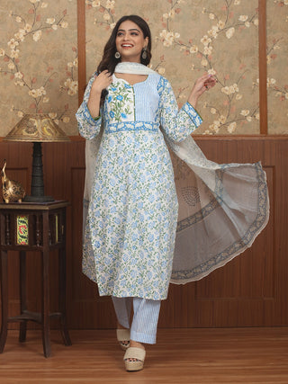 Neel Pushpa-Blue Blossom Sanganeri Cotton Kurta Pant Set with Chiffon Dupatta