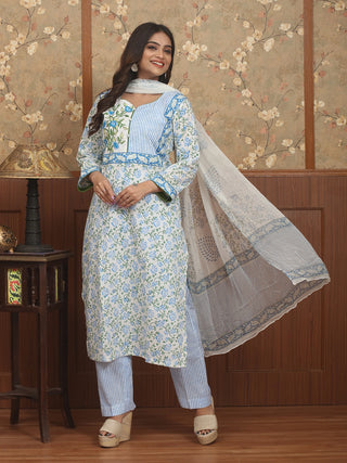 Neel Pushpa-Blue Blossom Sanganeri Cotton Kurta Pant Set with Chiffon Dupatta