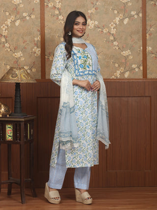 Neel Pushpa-Blue Blossom Sanganeri Cotton Kurta Pant Set with Chiffon Dupatta