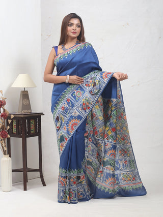 Royal Blue Bishnupur Katan Silk Saree with Madhubani-Inspired Hand Batik Motifs