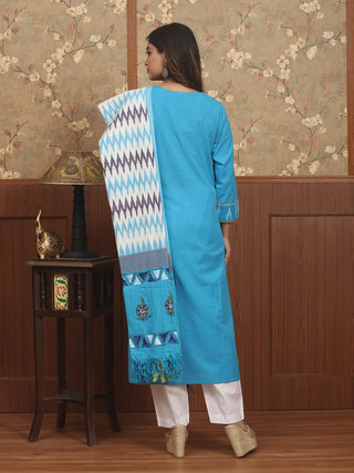 AZURE JANAKI – Sky Blue Double Ikkat Ensemble with Madhubani Narrative Panel