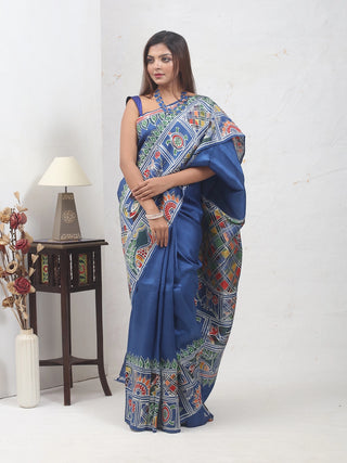 Royal Blue Bishnupur Katan Silk Saree with Madhubani-Inspired Hand Batik Motifs