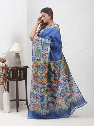 Royal Blue Bishnupur Katan Silk Saree with Madhubani-Inspired Hand Batik Motifs