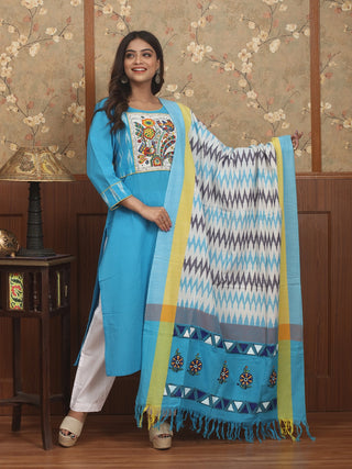 AZURE JANAKI – Sky Blue Double Ikkat Ensemble with Madhubani Narrative Panel
