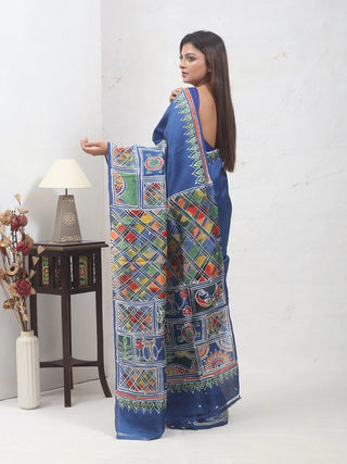 Royal Blue Bishnupur Katan Silk Saree with Madhubani-Inspired Hand Batik Motifs