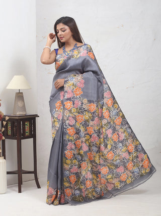 Slate Grey Bishnupur Katan Silk Saree with Multicolour Floral Batik