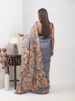 Slate Grey Bishnupur Katan Silk Saree with Multicolour Floral Batik