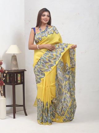 Sunshine Yellow Bishnupur Katan Silk Saree with Feather-Motif in Hand Batik