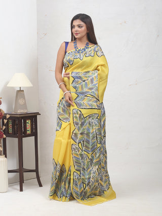 Sunshine Yellow Bishnupur Katan Silk Saree with Feather-Motif in Hand Batik