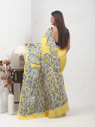 Sunshine Yellow Bishnupur Katan Silk Saree with Feather-Motif in Hand Batik