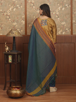 MAYUR REKHA-Dark Sandal Glazed Cotton Designer Kurta Set with Pen Kalamkari, Hand Aari & Narayanpet Dupatta
