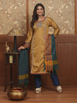 MAYUR REKHA-Dark Sandal Glazed Cotton Designer Kurta Set with Pen Kalamkari, Hand Aari & Narayanpet Dupatta