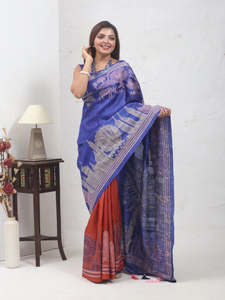 Royal Blue & Rust Half-and-Half Pure Tussar Silk Saree – Village to City Story in Hand Kantha
