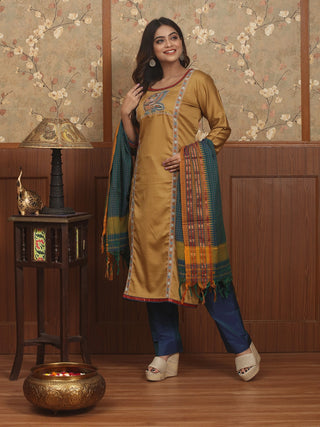 MAYUR REKHA-Dark Sandal Glazed Cotton Designer Kurta Set with Pen Kalamkari, Hand Aari & Narayanpet Dupatta