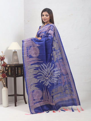 Royal Blue & Rust Half-and-Half Pure Tussar Silk Saree – Village to City Story in Hand Kantha