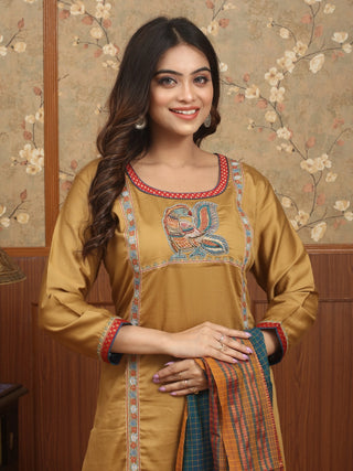 MAYUR REKHA-Dark Sandal Glazed Cotton Designer Kurta Set with Pen Kalamkari, Hand Aari & Narayanpet Dupatta