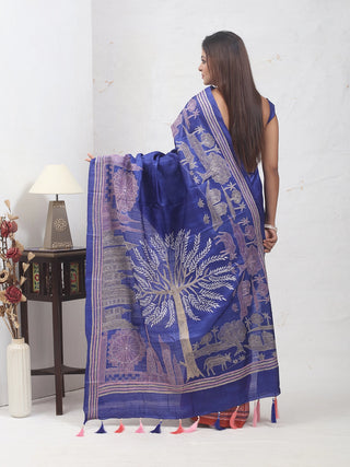Royal Blue & Rust Half-and-Half Pure Tussar Silk Saree – Village to City Story in Hand Kantha