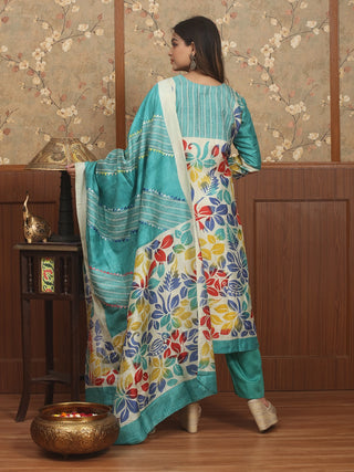VASANT LEELA –Sea Green Murshidabad Silk Designer Kurta Set with Hand Batik & Kantha Embroidery