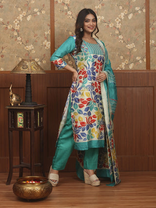 VASANT LEELA –Sea Green Murshidabad Silk Designer Kurta Set with Hand Batik & Kantha Embroidery