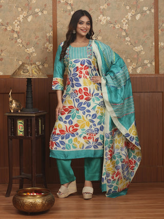 VASANT LEELA –Sea Green Murshidabad Silk Designer Kurta Set with Hand Batik & Kantha Embroidery